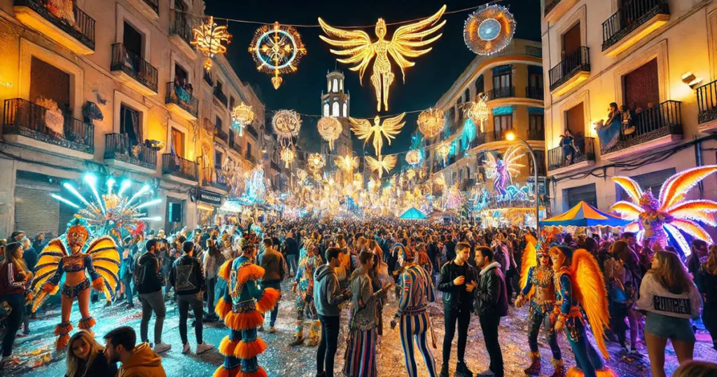 A vibrant street festival at Ruzafa Carnival 2025, with colorful costumes, glowing decorations, and a lively crowd celebrating at night.