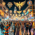 A vibrant street festival at Ruzafa Carnival 2025, with colorful costumes, glowing decorations, and a lively crowd celebrating at night.