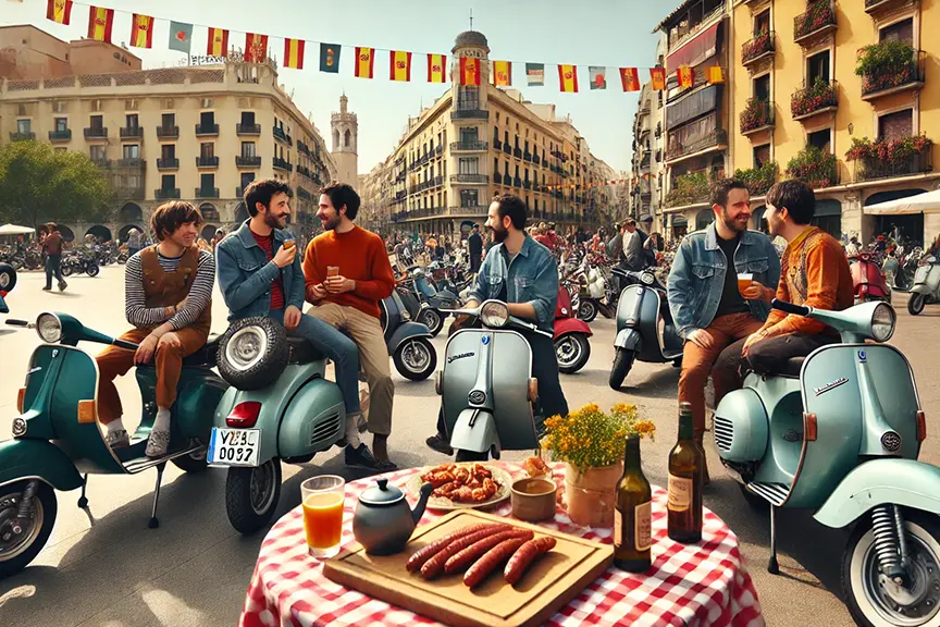 Vespalafalla 2025 - a festive scene in a Spanish city where a group of friends gathered around classic Vespa scooters. In the square decorated with Spanish flags, young people are socializing and relaxing near an impromptu picnic with traditional snacks and drinks. The table, covered with a red and white checkered tablecloth, features sausages, beverages, and flowers. The city's architecture is represented by historic buildings with characteristic balconies adorned with flowers, while a church tower is visible in the background. Vintage Vespa scooters in turquoise and silver colors create an atmosphere of retro charm and casual elegance.