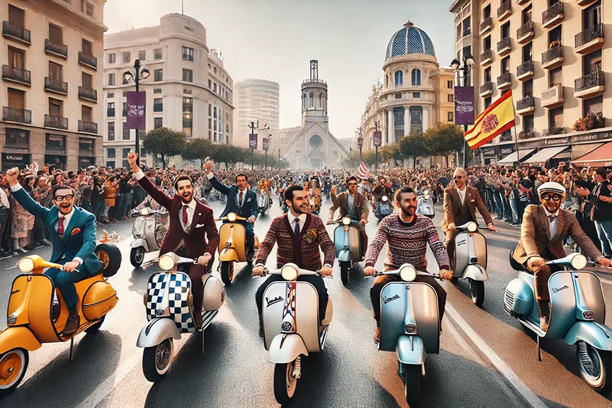 Vespalafalla 2025 - a vibrant street parade in Valencia, Spain, featuring six stylishly dressed riders on vintage Vespa scooters leading a procession. The scooters showcase different colors and designs, including yellow, checkered, white, and silver models. The riders are wearing elegant attire ranging from suits to knit sweaters, creating a sophisticated retro aesthetic. Large crowds line both sides of the street, cheering and celebrating. The backdrop features classic Spanish architecture, including a church with a distinctive tower and buildings with traditional balconies. A Spanish flag waves in the scene, and purple banners decorate the street lamps, adding to the festive atmosphere of this urban celebration.