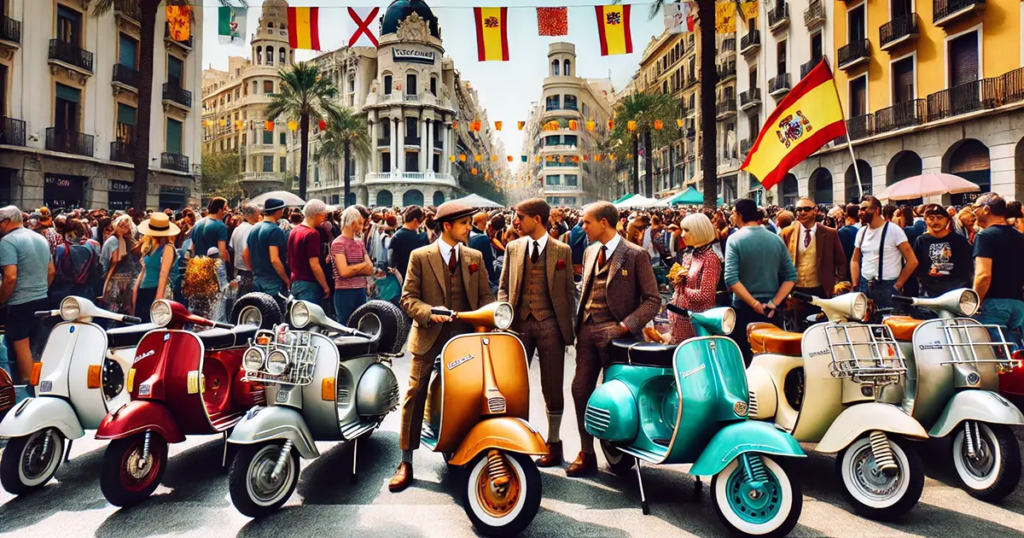 A vibrant street scene showcasing the "Vespalafalla 2025" celebration in Spain. The image features a lively crowd with people dressed in stylish, vintage-inspired suits. In the foreground, a line of colorful Vespa scooters in red, orange, blue, and white stand prominently. Spanish flags and festive banners hang overhead, while the backdrop includes ornate architecture, palm trees, and bustling activity.