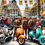 A vibrant street scene showcasing the "Vespalafalla 2025" celebration in Spain. The image features a lively crowd with people dressed in stylish, vintage-inspired suits. In the foreground, a line of colorful Vespa scooters in red, orange, blue, and white stand prominently. Spanish flags and festive banners hang overhead, while the backdrop includes ornate architecture, palm trees, and bustling activity.